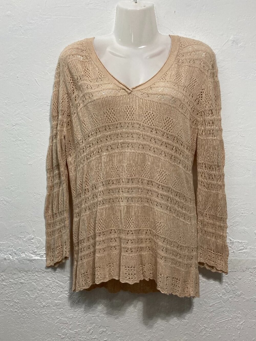 Joseph A. Knit Crochet Top V Neck Long Sleeve Tunic Beige Cottagecore Coastal L
